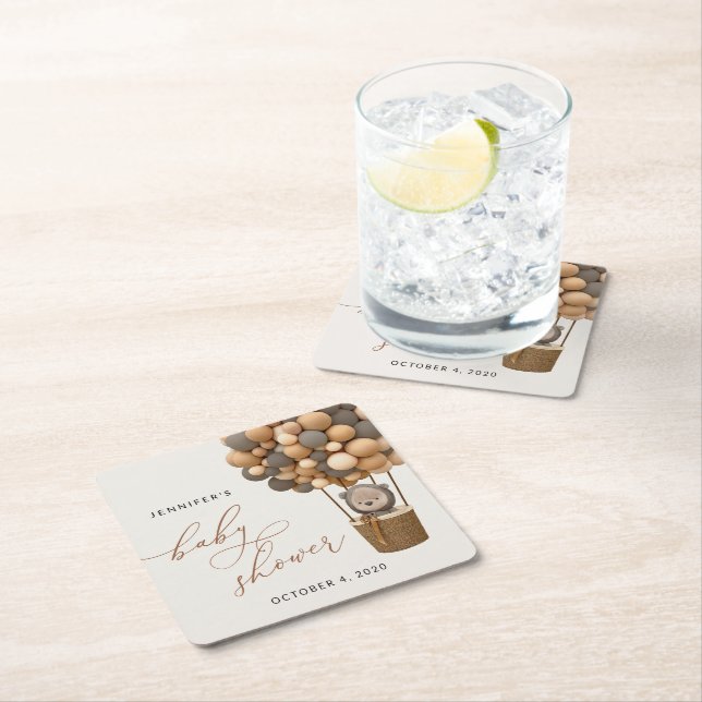 Bear, Brown Balloons, Hot Air Balloon, Baby Shower Square Paper Coaster (Insitu)