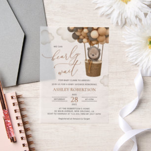 Bear, Brown Balloons, Hot Air Balloon, Baby Shower Vellum Invitations