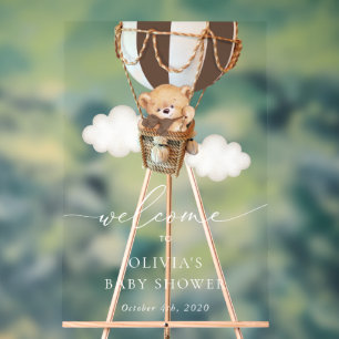 Bear, Brown Hot Air Balloon, Baby Shower Welcome Acrylic Sign