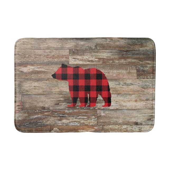 Bear Buffalo Check Rustic Wood Bath Mat (Front)