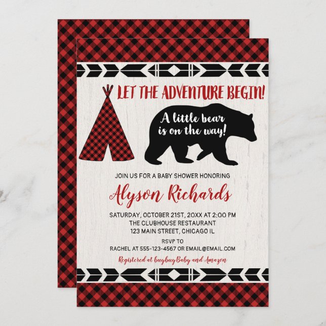 Bear buffalo plaid lumberjack boy baby shower invitation (Front/Back)
