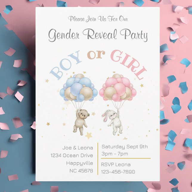 Bear & Bunny Gender Reveal Party Invitation (Bear, bunny and balloons pink and blue gender reveal party invitation)