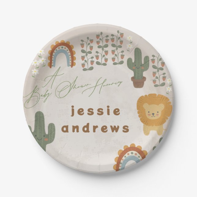 bear bunny lion cactus woodland modern Baby Shower Paper Plate (Front)