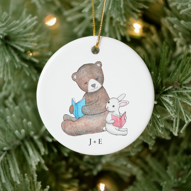 Bear & Bunny Reading Books Cute Couple Custom Name Ceramic Tree Decoration (Tree)