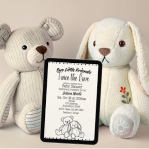Bear & Bunny Stuffies Twin Baby Shower Invitation