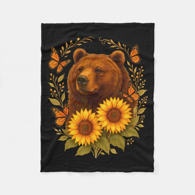 Bear Butterfly Nature Rustic Sunflower Monarch Art Fleece Blanket (Front)