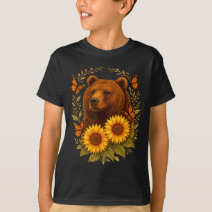 Bear Butterfly Nature Rustic Sunflower Monarch Art T-Shirt