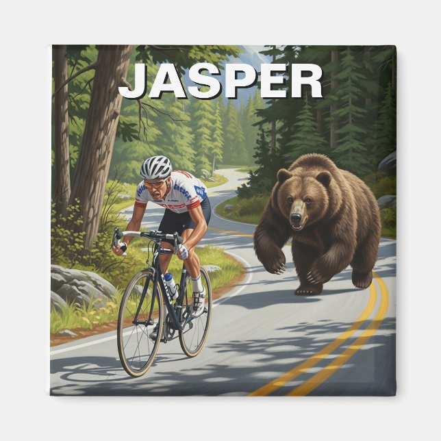 Bear chasing cyclist Jasper Canada Magnet (Front)
