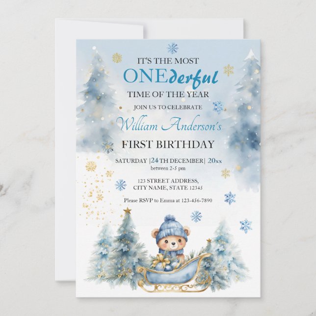 Bear Christmas One First Birthday Winter Invitation (Front)