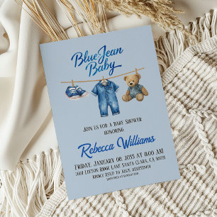 Bear Clothesline Blue Jean Baby Denim Baby Shower Invitation