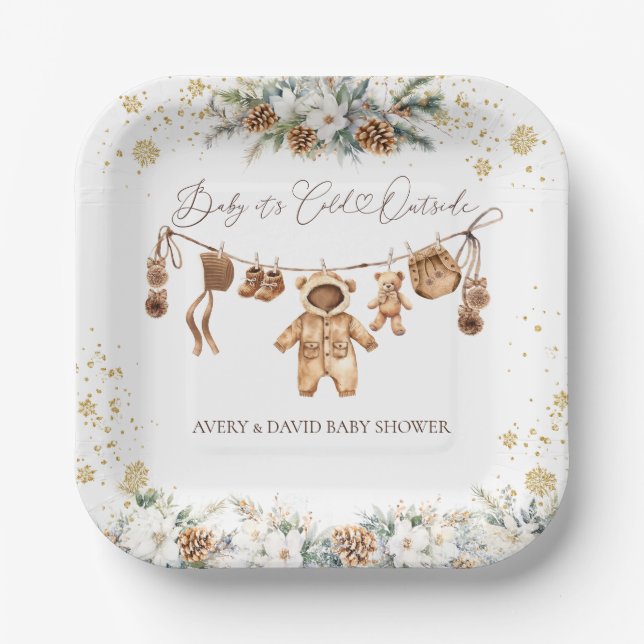 Bear ClothestLine Cold Outside Baby Shower Paper Plate (Front)