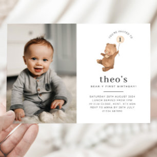 Bear Cream Balloon Photo 1st Birthday Invitation