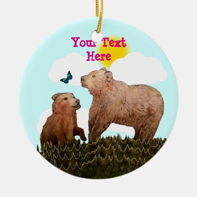 Bear Cub and Mother with Butterfly Ceramic Tree Decoration (Front)