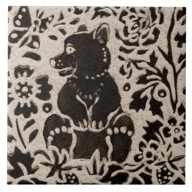 Bear Cub Batik Stoneware Woodland Animal Tan Grey Tile (Front)