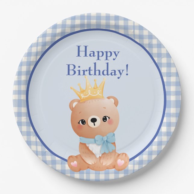 Bear Cub Blue Chequered Happy Birthday Paper Plate (Front)