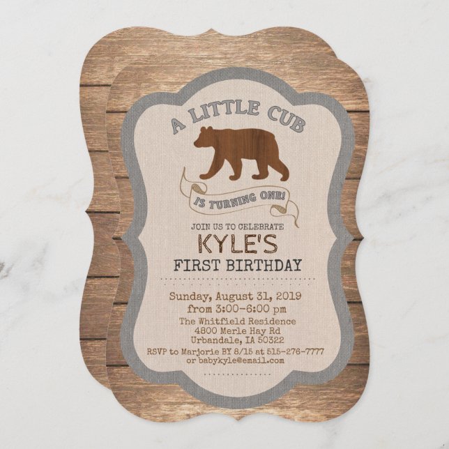 Bear Cub Boy 1st Birthday Invitation (Front/Back)