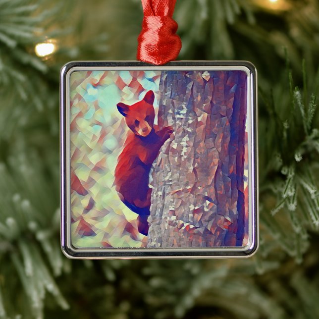 Bear cub climbing tree metal tree decoration (Tree)
