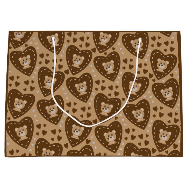 Bear Cub Face and Brown Heart Pattern Gift Bag (Front)