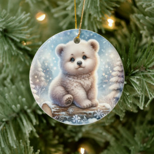Bear Cub in Winter Woods Ceramic Tree Decoration