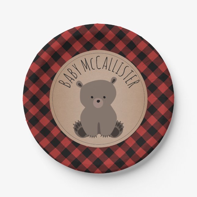 Bear Cub Lumberjack Plaid Baby Shower Paper Plate (Front)