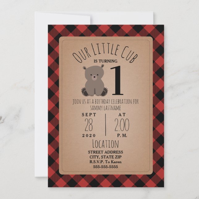 Bear Cub Lumberjack Plaid Birthday Party Invitation (Front)