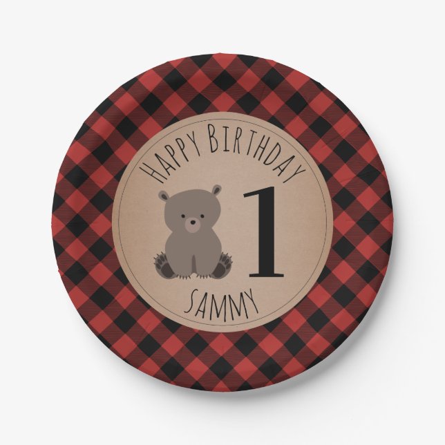 Bear Cub Lumberjack Plaid Birthday Party Paper Plate (Front)