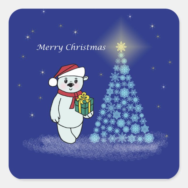 Bear cub next to the Christmas tree Square Sticker (Front)