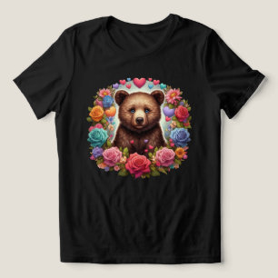 Bear Cub Surrounded by Roses and Hearts Tri-Blend Shirt