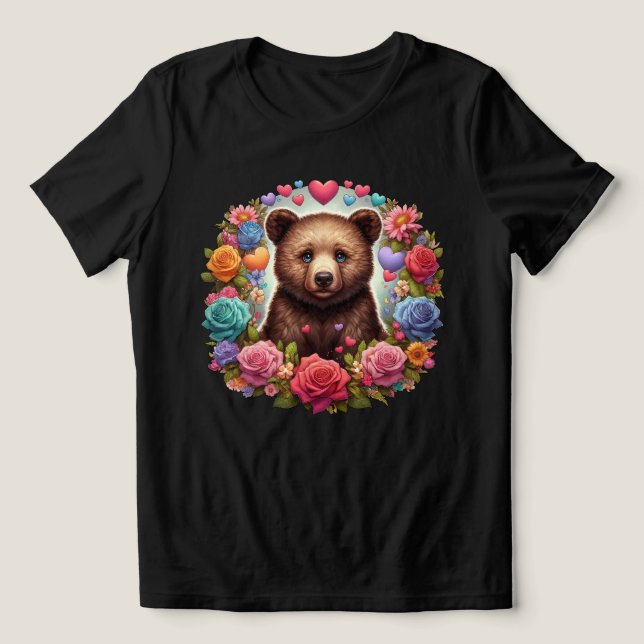 Bear Cub Surrounded by Roses and Hearts Tri-Blend Shirt (Design Front)