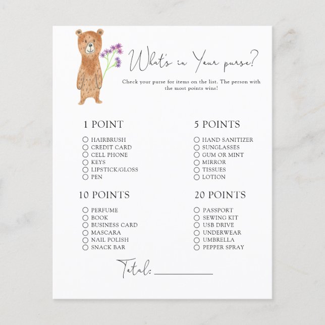 Bear Cub - Whats in your purse game (Front)
