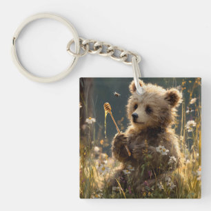 Bear Cub with Honey in a Wildflower Meadow Key Ring