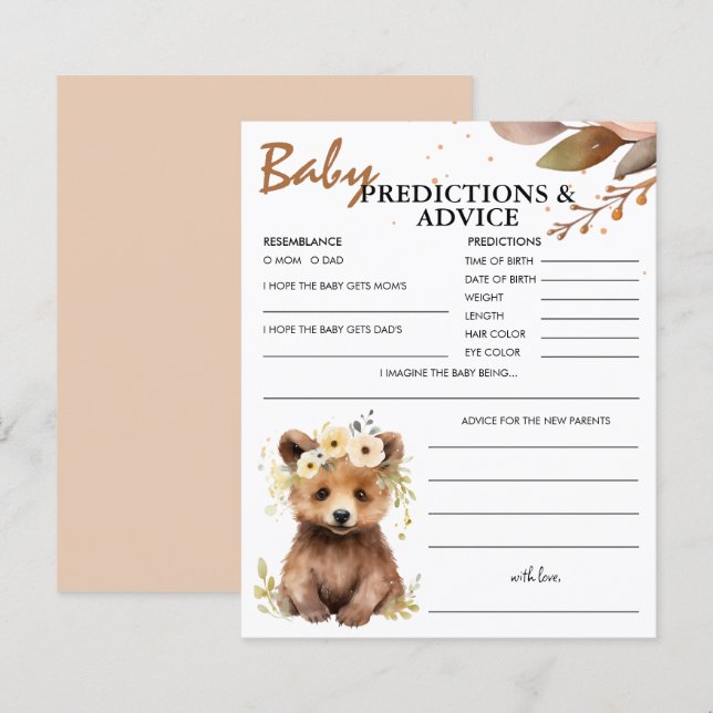 Bear Cub Woodland Baby Predictions & Advice Card (Front/Back)