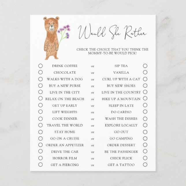 Bear cub / Would She Rather Baby Shower Game (Front)