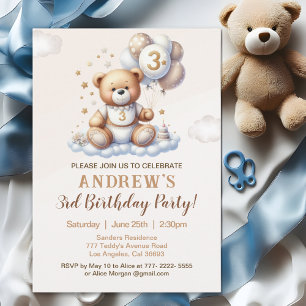 Bear Cute 3rd Birthday Party – Brown Teddy Bear Invitation