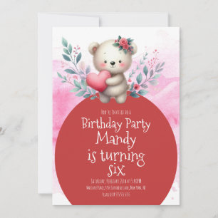 Bear Cute Heart Hugging Watercolor Birthday Invitation