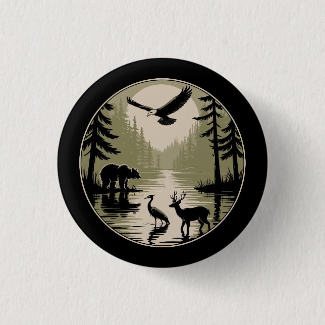 Bear Deer Eagle Moon Forest Silhouette 3 Cm Round Badge (Front)