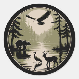 Bear Deer Eagle Moon Forest Silhouette Classic Round Sticker