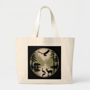 Bear Deer Eagle Moon Forest Silhouette Large Tote Bag