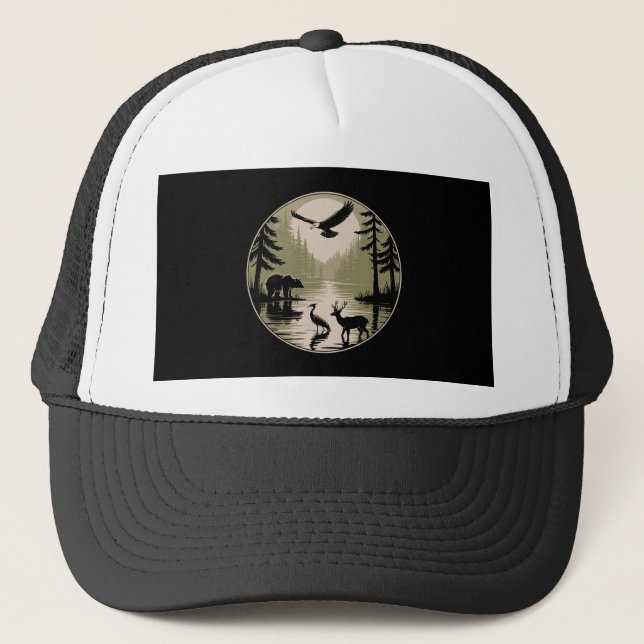 Bear Deer Eagle Moon Forest Silhouette Trucker Hat (Front)