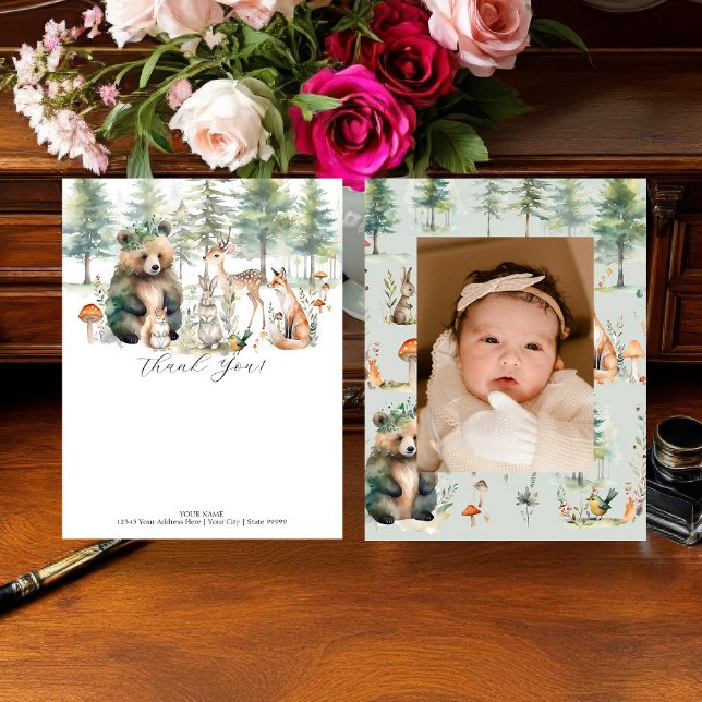 Bear Deer Forest Cute Animals Photo Baby Shower Thank You Card (Creator Uploaded)