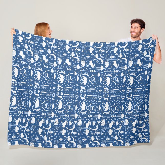 Bear Deer Fox Racoon Folk Art Pattern Fleece Blanket (In Situ)