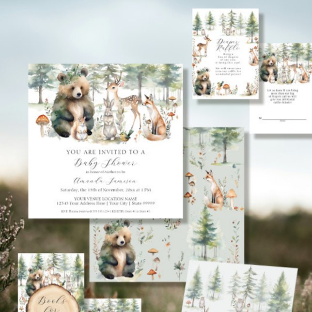 Bear Deer Squirrel Forest Cute Animals Baby Shower Invitation (Creator Uploaded)
