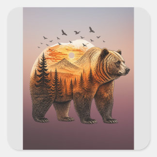 Bear Double Exposure Forest Square Sticker