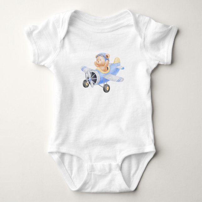 Bear Driving Plane Baby Bodysuit (Front)