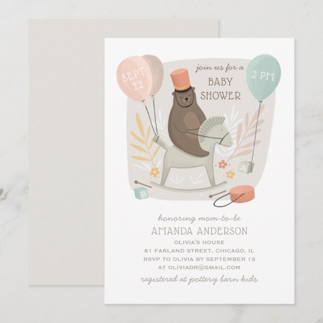 Bear drummer on wooden horse. Cute baby shower Invitation (Front/Back)