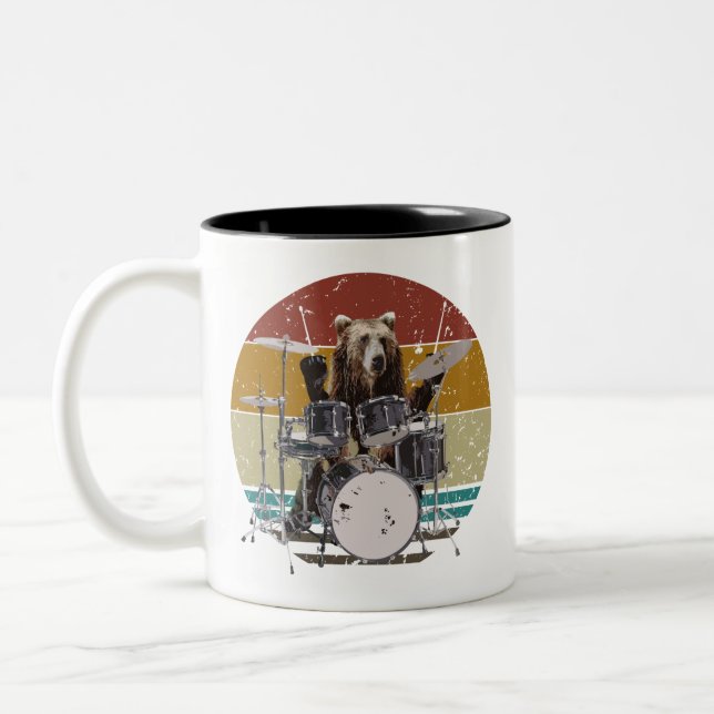 Bear Drummer Playing Drums Two-Tone Coffee Mug (Left)