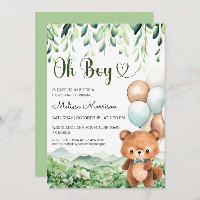Bear Enchanted Forest Oh Boy Baby Shower Invitation (Front/Back)