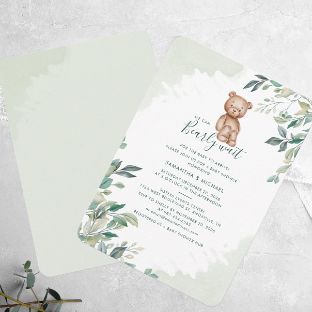 Bear Eucalyptus Foliage Couples Baby Shower Invitation (We Can Bearly Wait Bear Eucalyptus Baby Shower Invitation)