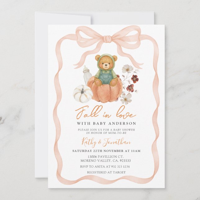  Bear Fall in Love Bow Pumpkin Baby Shower Invitation (Front)