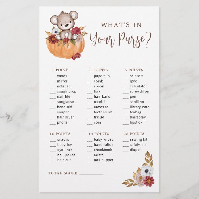 Bear Fall Pumpkin Purse Baby Shower Game (Front)